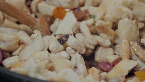 motion controlled slow motion shot of chicken meat in a cooking pan