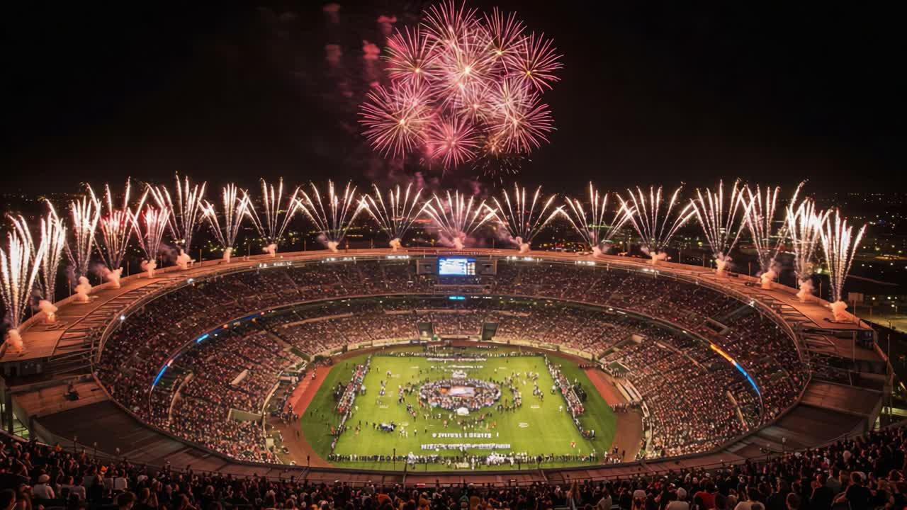 A Spectacular Celebration of Joy and Triumph Illuminates the Night Sky with Dazzling Fireworks Above a Packed Stadium Filled with Enthusiastic Fans
