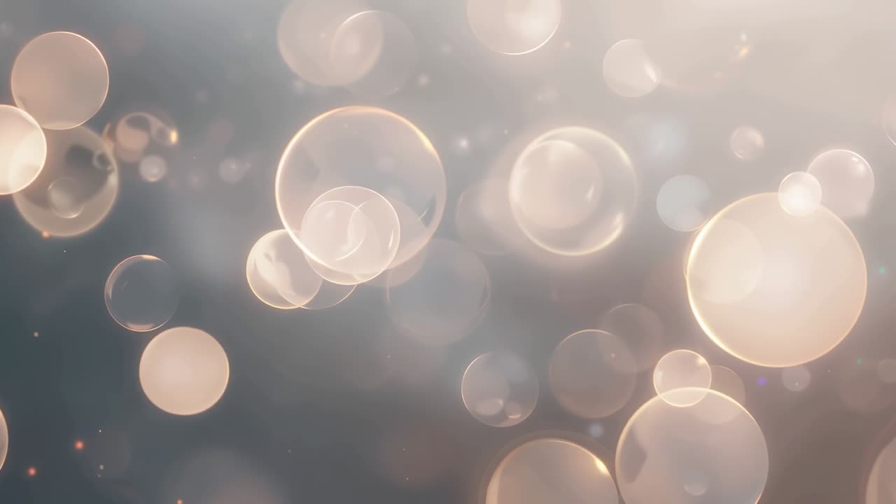 Appearing translucent bokeh cluster drifting across gray backdrop, creating depth with specks