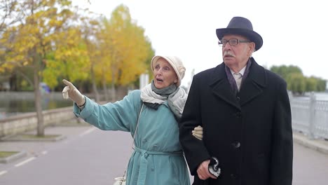 elderly couple strolling and conversing by a waterfront in autumn