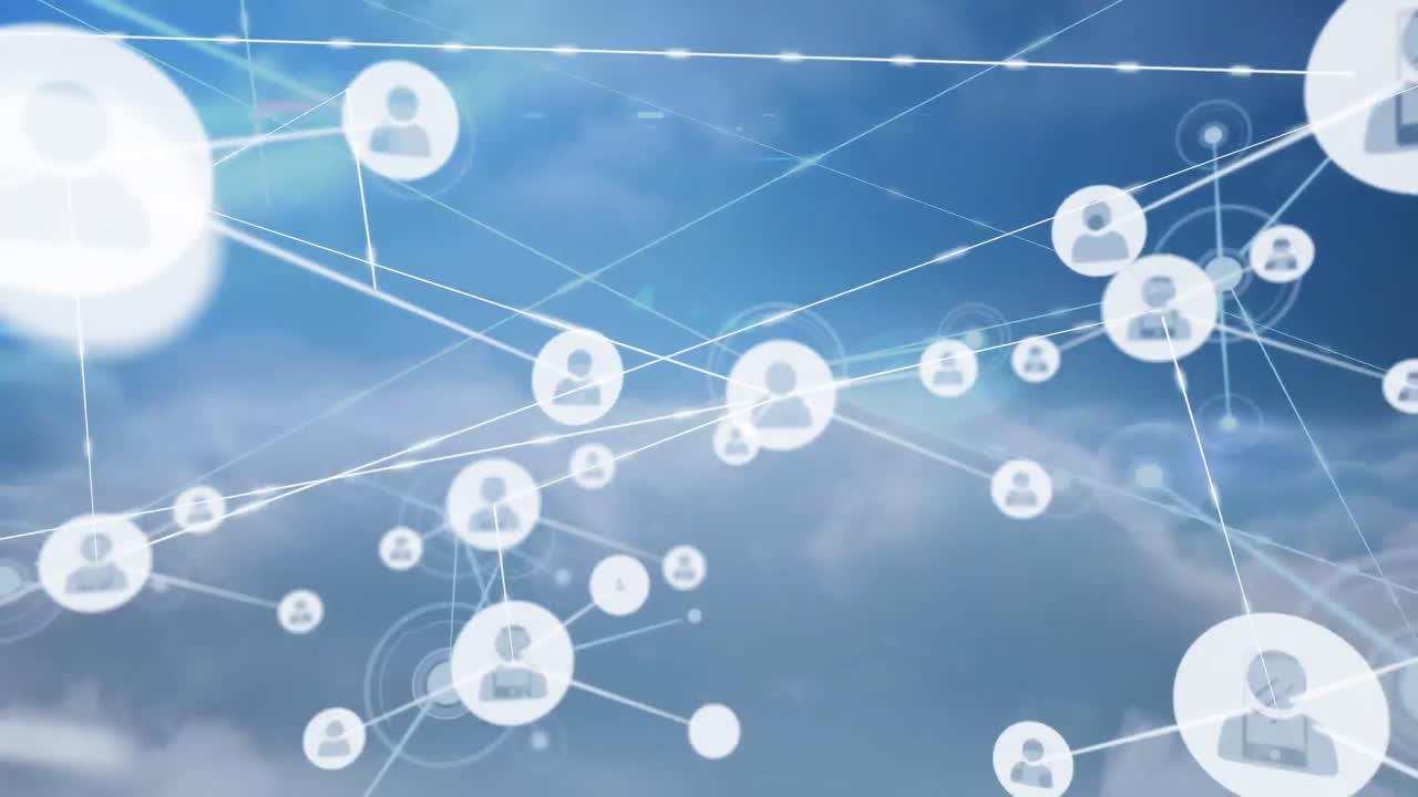 파란색 배경의 구름 위에 있는 사람들과의 연결 네트워크 아이콘의 애니메이션