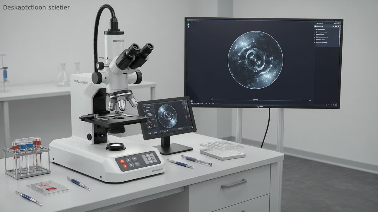 High-Tech Laboratory Setup Featuring a Modern Microscope and Digital Screen Displaying Scientific Imagery for Research and Analysis