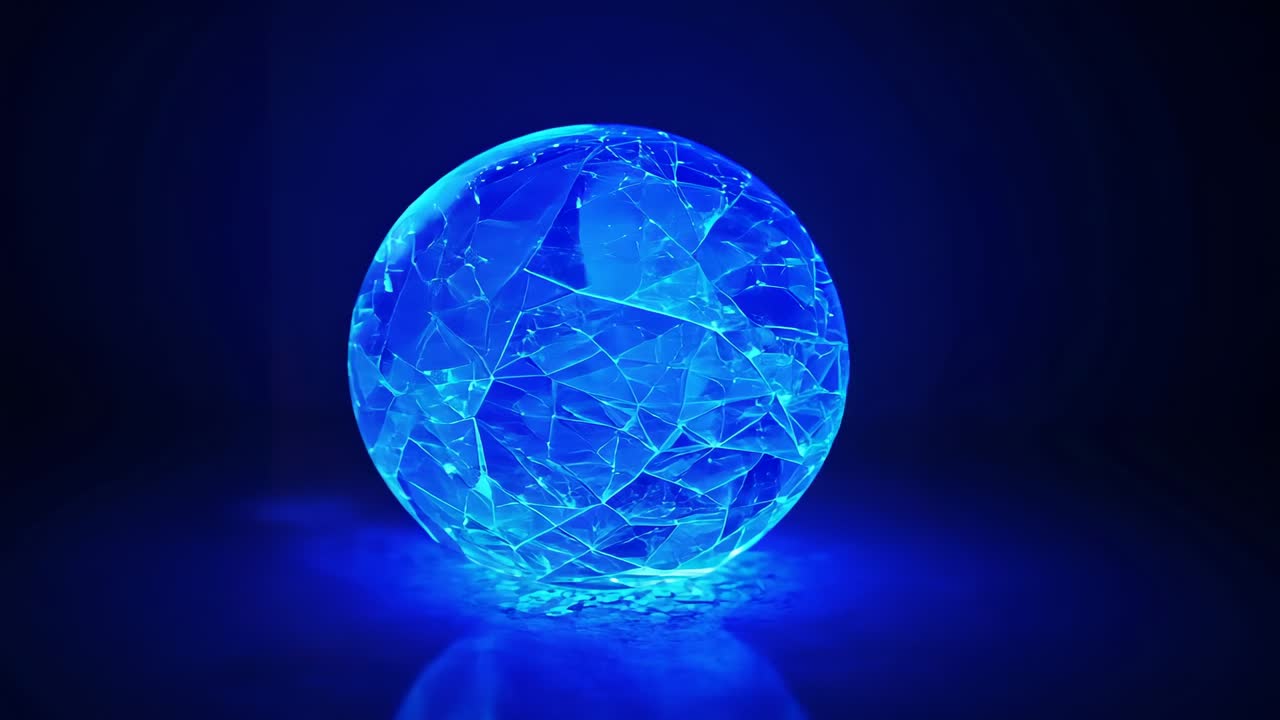 Emitting blue light, crystalline sphere pulsing and rotating on black floor with glowing cracks