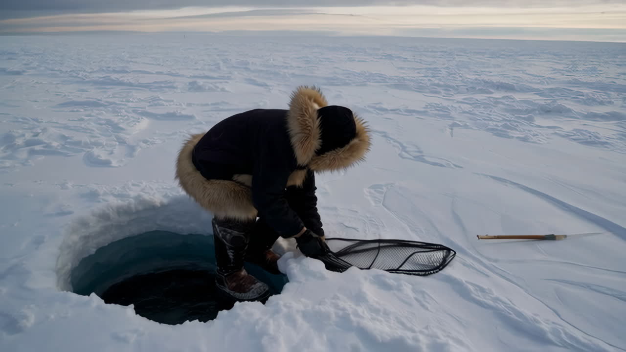 Ice Fishing on Frozen Lake