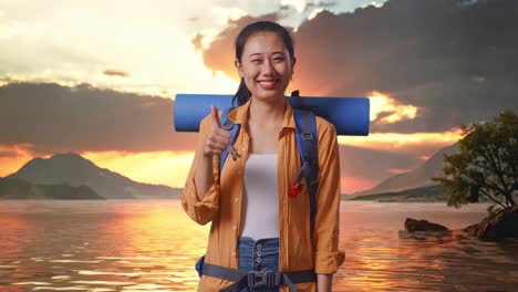 happy woman tourist at sunset