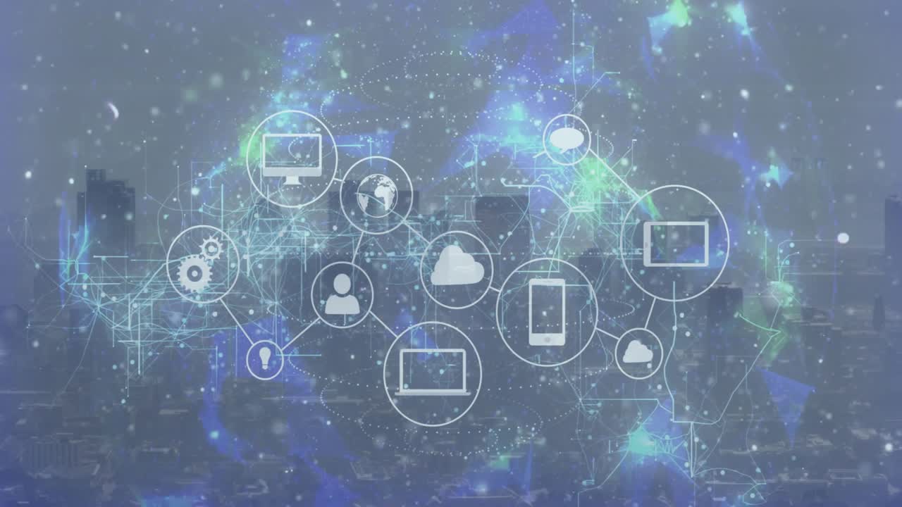 Eine rotierende 3D-Kugel über einer Skyline initiiert das Erscheinen von Symbolen, die sich zu einem digitalen Netzwerk verbinden