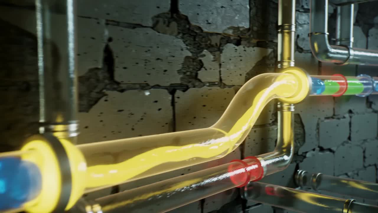 Flowing clear tube carrying glowing colored slugs along worn brick wall with glowing rings