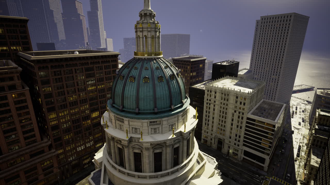 Historic dome structure in urban environment at dawn highlighting cityscape