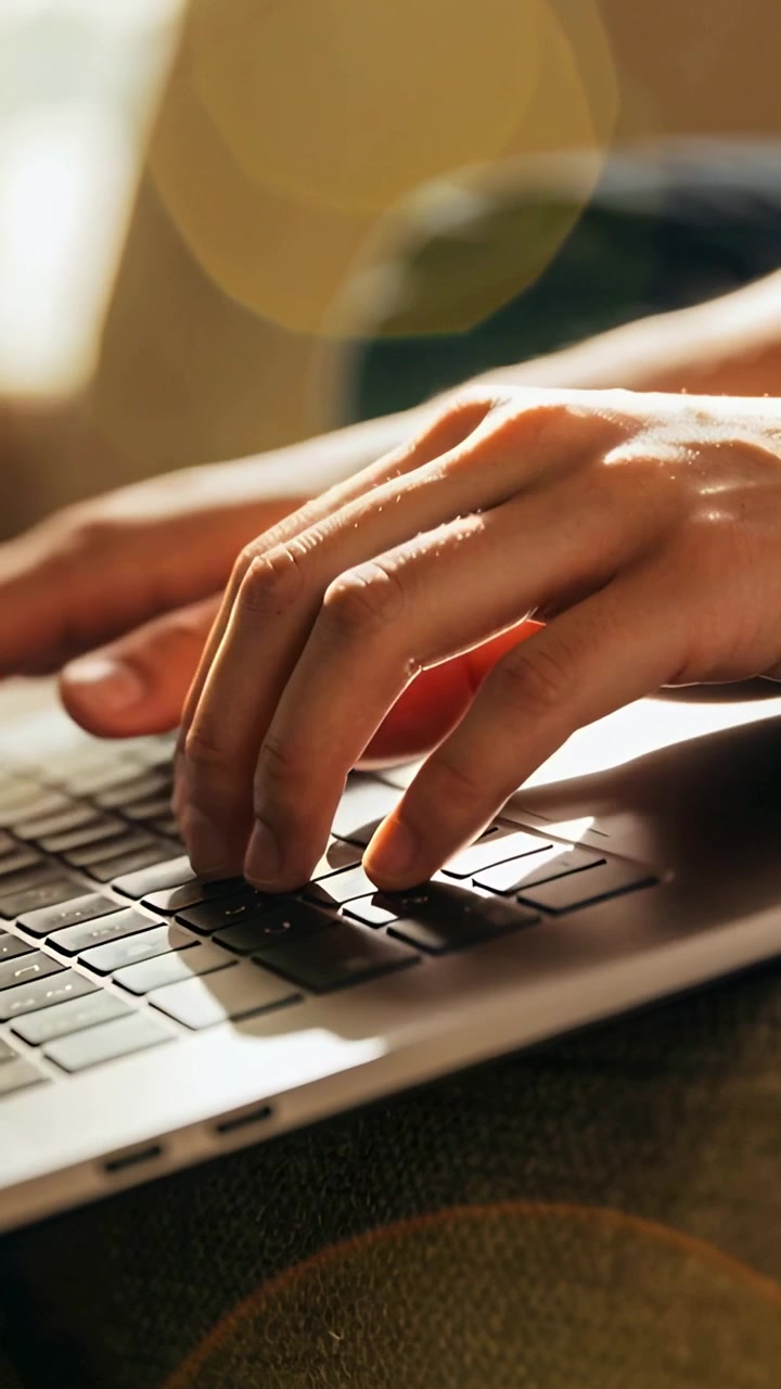 Video verticale: Mani che digitano, partendo da una posizione di riposo, premendo i tasti del laptop sulle ginocchia vicino alla finestra con le braccia scoperte, bokeh