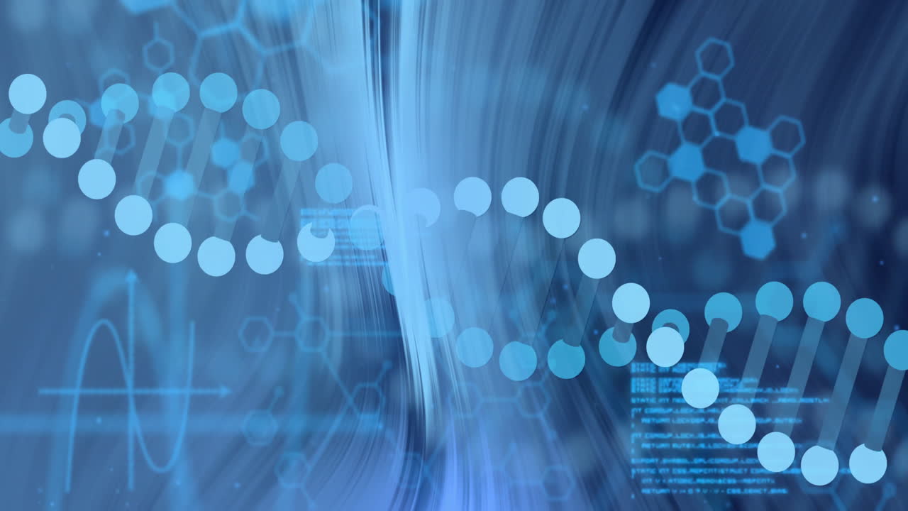 파란색 추상적인 배경 위에 dna 스트랜드 및 과학 데이터 처리 애니메이션