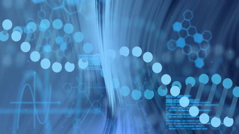 dna strand and scientific data processing animation over blue abstract background