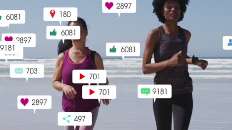 animation of social media data processing over diverse women exercising on beach