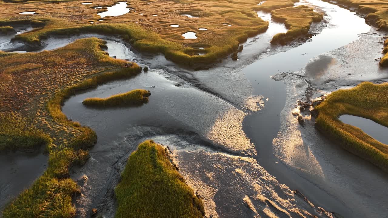 Aerial View of a Salt Marsh at Sunset