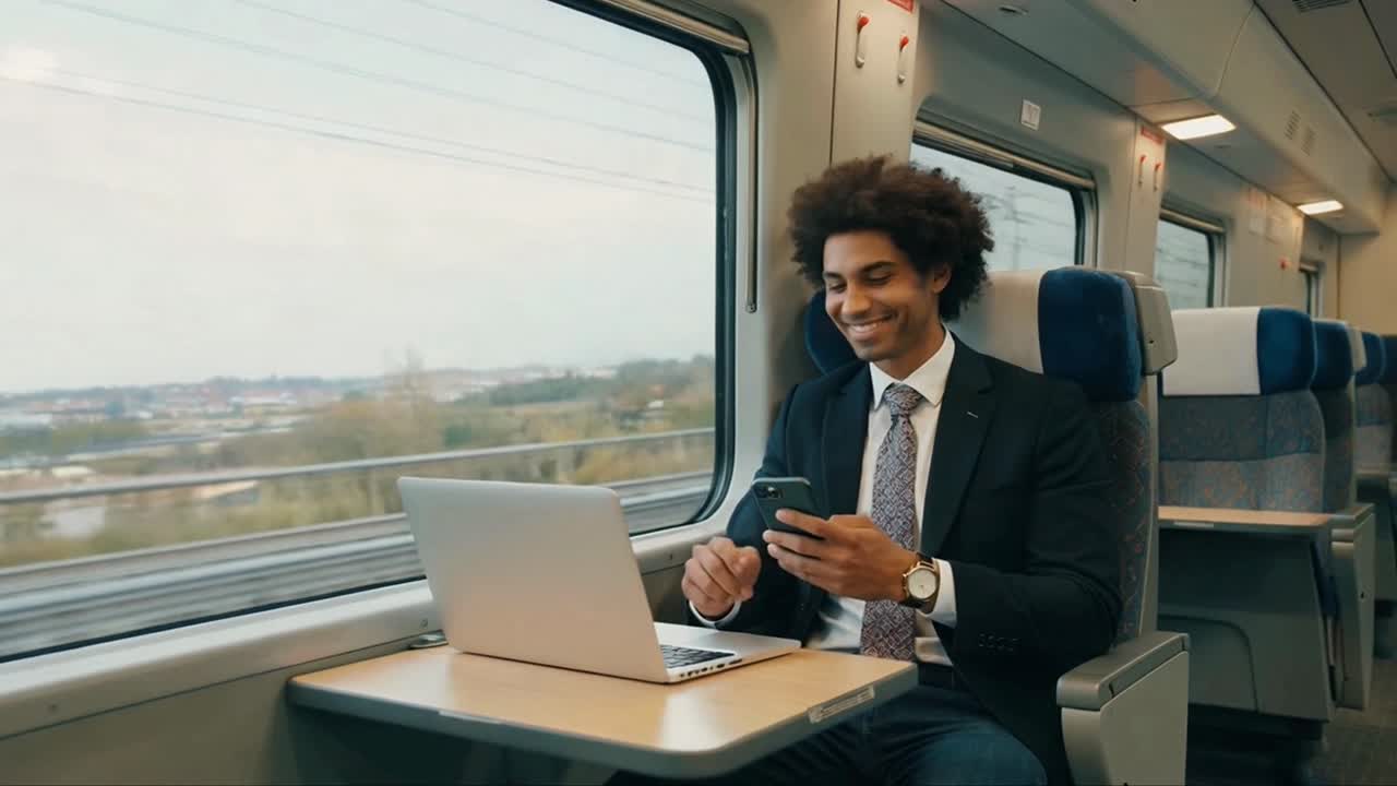 Viaggiatore d'affari sorridente che lavora al laptop e al telefono in treno