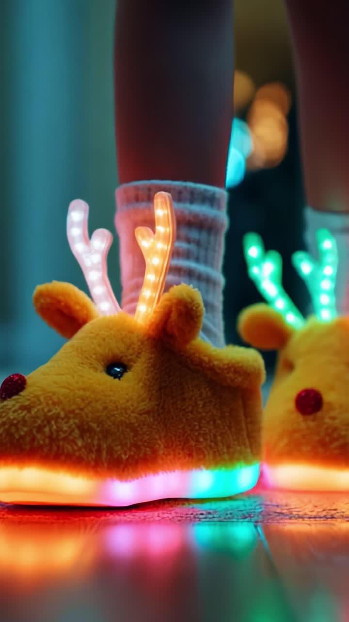A whimsical and festive display of colorful light-up slippers designed to resemble cheerful reindeer, showcasing vibrant LED lights that create a joyful atmosphere perfect for holiday celebrations
