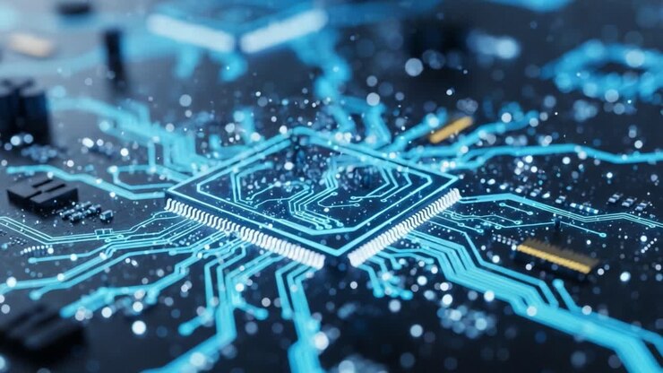 Intricate Circuitry Design: A Close-Up Exploration of a Microchip with Complex Patterns and High-Tech Connections Glowing with Electric Potential