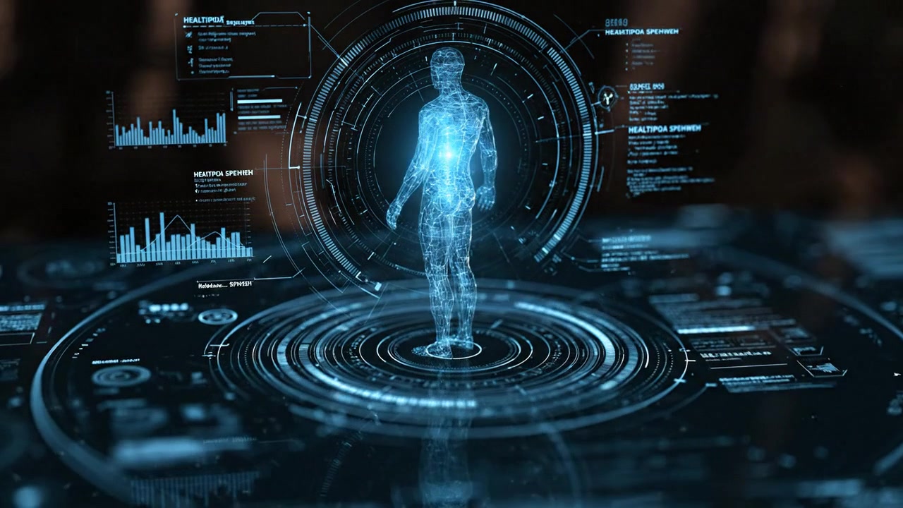 Digital human figure standing above circular scanning rings and interface