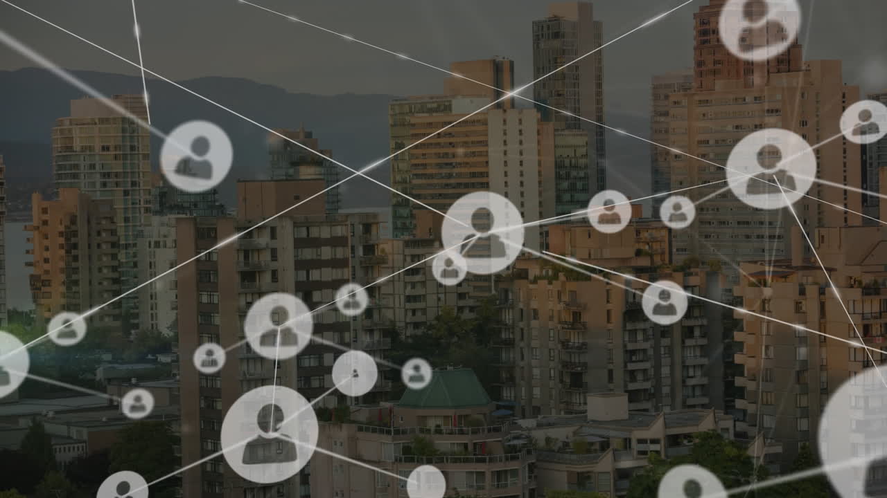 도시 풍경 위의 아이콘으로 연결된 네트워크의 애니메이션