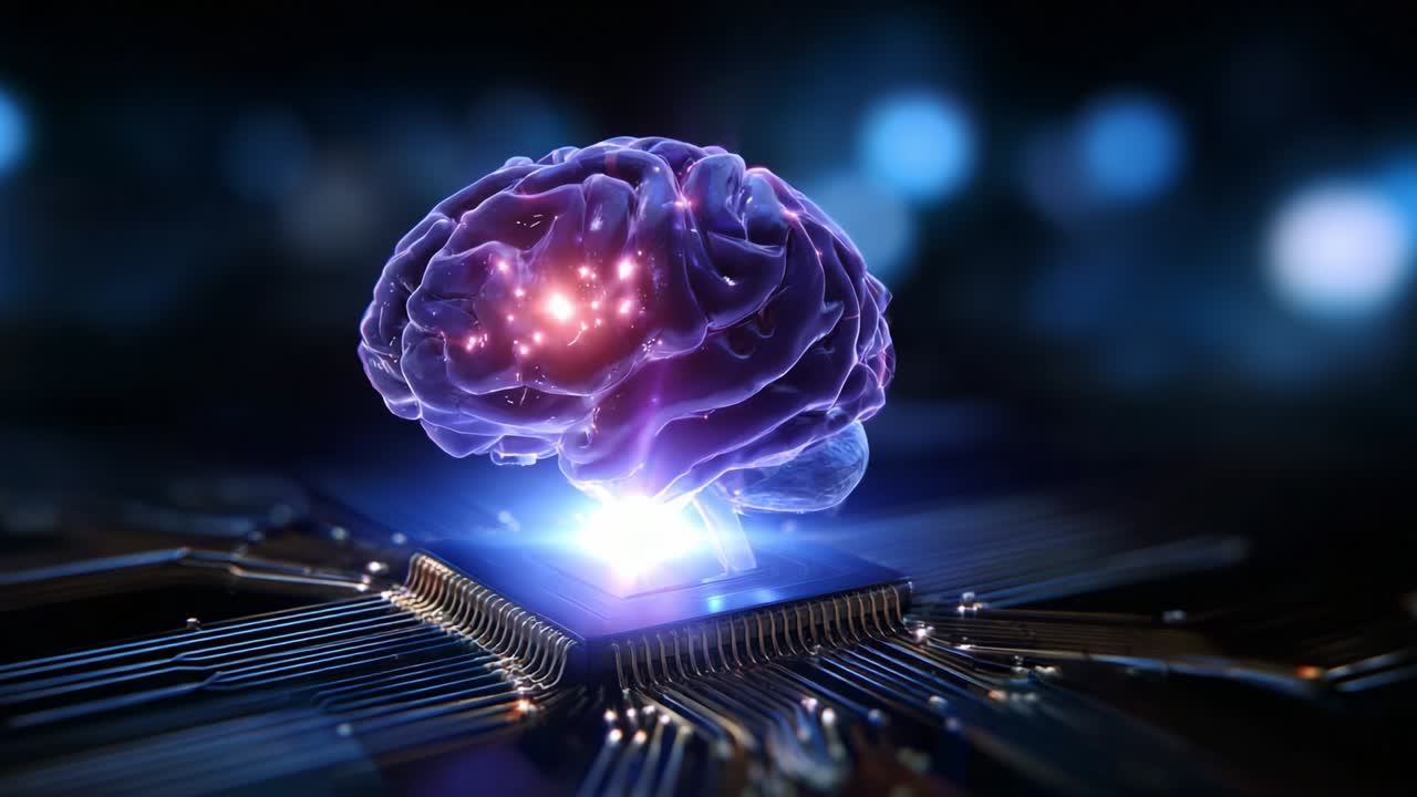 A captivating visualization of a glowing brain resting on a microprocessor, symbolizing the intersection of human consciousness with advanced technology and the future of artificial intelligence in a digital realm