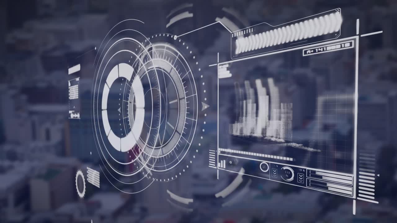 animación del escáner redondo y la interfaz con el procesamiento de datos frente a la vista aérea del paisaje urbano.