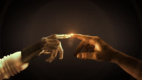 high quality 3d cgi of a robot arm reaching out and touching index fingertips with a human hand and activating a bright pinpoint of flickering light with bright halo effect, in orange color scheme