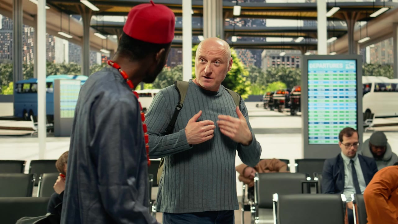 Diverse men becoming friends waiting for daily commute coach