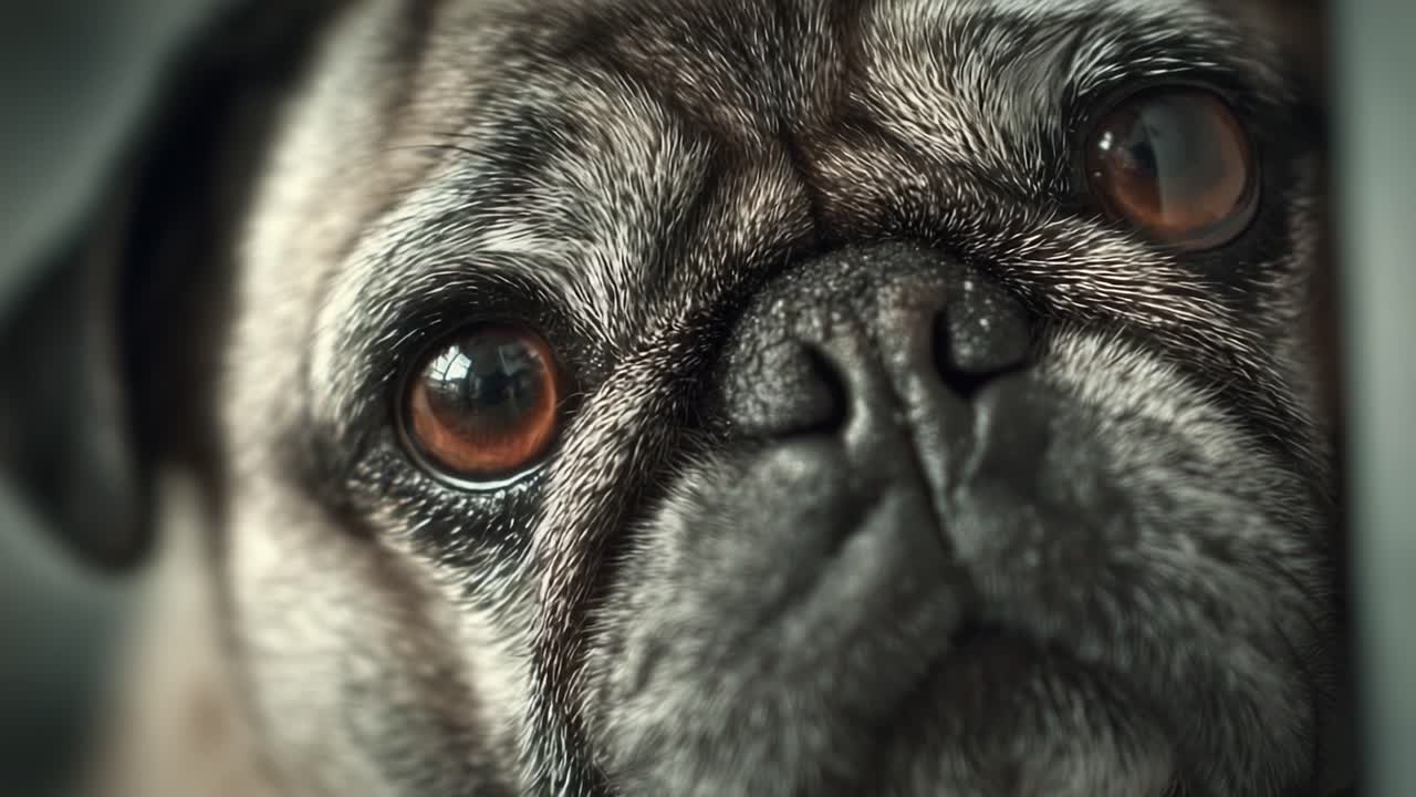 Close-Up of a Pug's Face Capturing the Unique Expressions and Features of This Lovable Dog Breed with Detailed Textures and Deep, Thoughtful Eyes