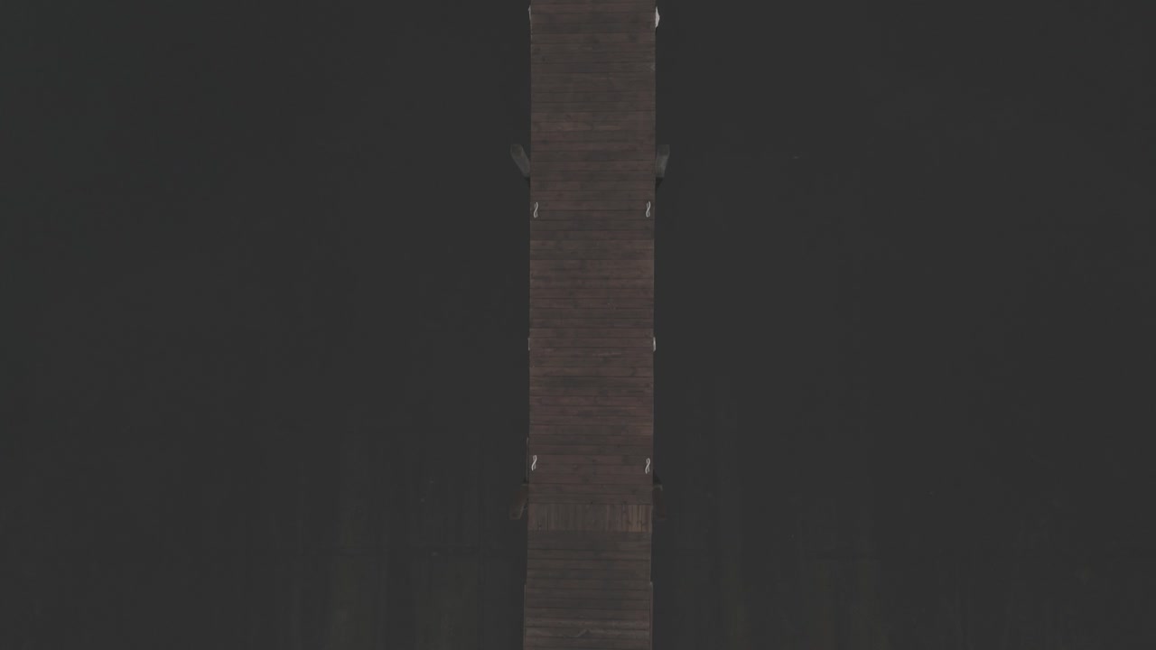 un muelle a vista de pájaro en una mañana brumosa