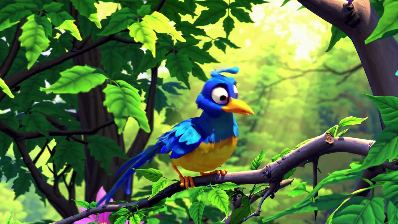 Colorful animated bird with wide wingspan perched on a branch