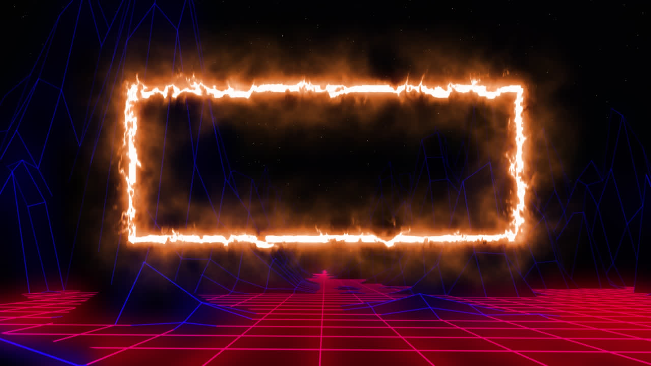 검은 바탕에 움직이는 파란색과 빨간색 격자 위에 불타는 오렌지색 직사각형 윤