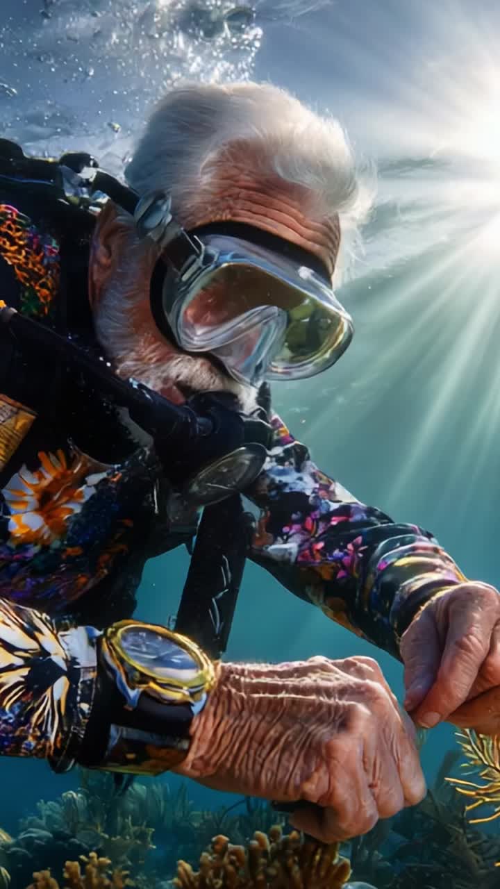 Un anziano subacqueo esplora vivaci barriere coralline mentre cattura la bellezza sottomarina in acque cristalline sotto la superficie dell'oceano illuminata dal sole