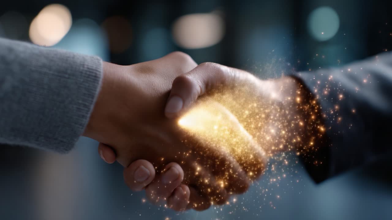 An Emotive Handshake Representing Unity and Collaboration with a Sparkling Touch, Signifying Connection and Agreement in a Professional Environment