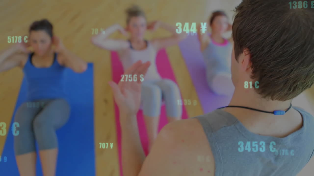 Male instructor guiding women doing situps in gym, showing floating numbers and currency icons