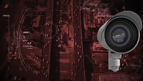 Animation-Des-Scope-Scannens-Und-Der-Datenverarbeitung-Mit-Einer-CCTV-Kamera-über-Dem-Stadtbild
