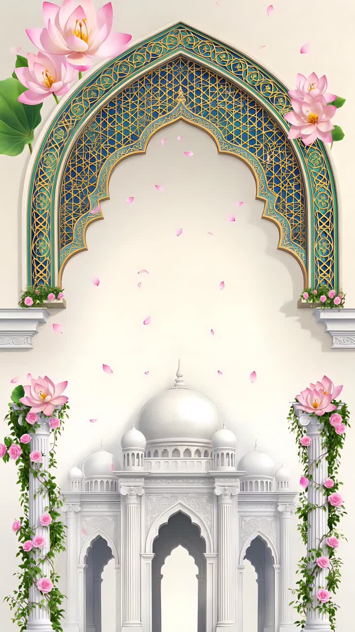 Sfondo Arco Nuziale Islamico con Loto Floreale e Padiglione Elegante 4K