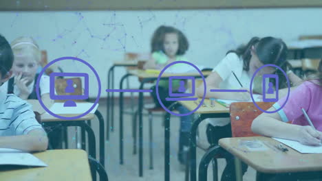 animation of networks of icons over diverse schoolchildren in classroom