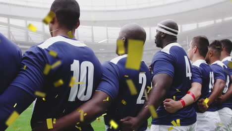 animation of golden confetti falling over a multi-ethnic team standing in a row on a pitch digital