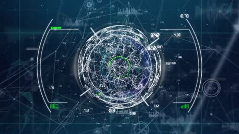 Animation-of-hud,-connecting-dots,-globe-with-data-processing-on-digital-interface