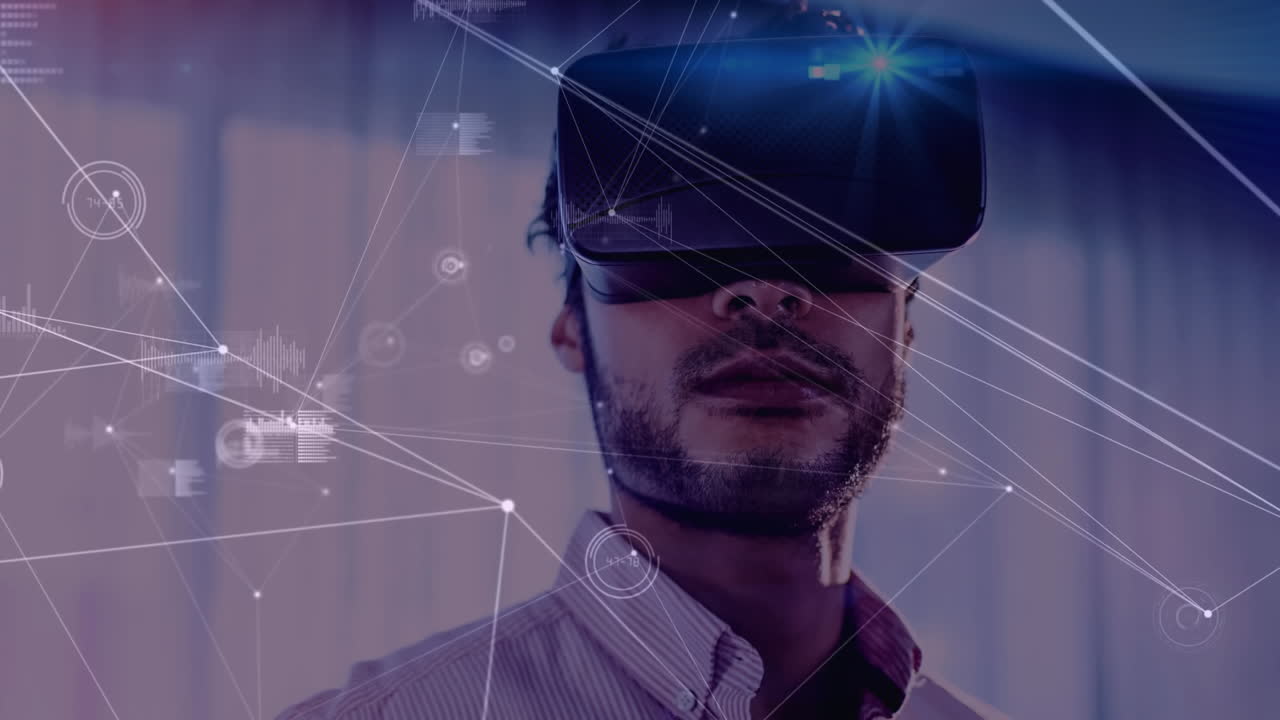 Animation of network of connections and statistics over businessman wearing vr headset