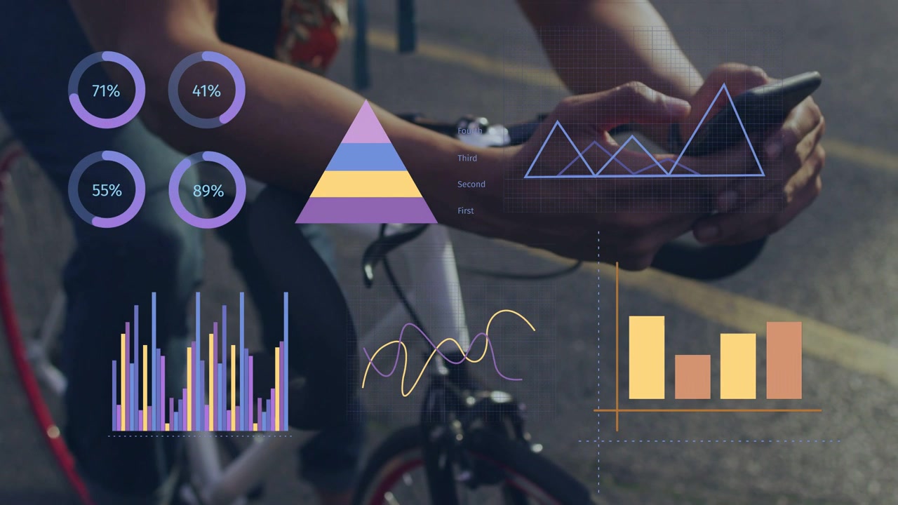 Male cyclist leaning on bike tapping phone and checking fitness stats as rings bars chart updating