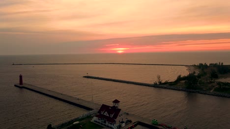 Aerial--of-Muskegon-Channel-at-early-sunset