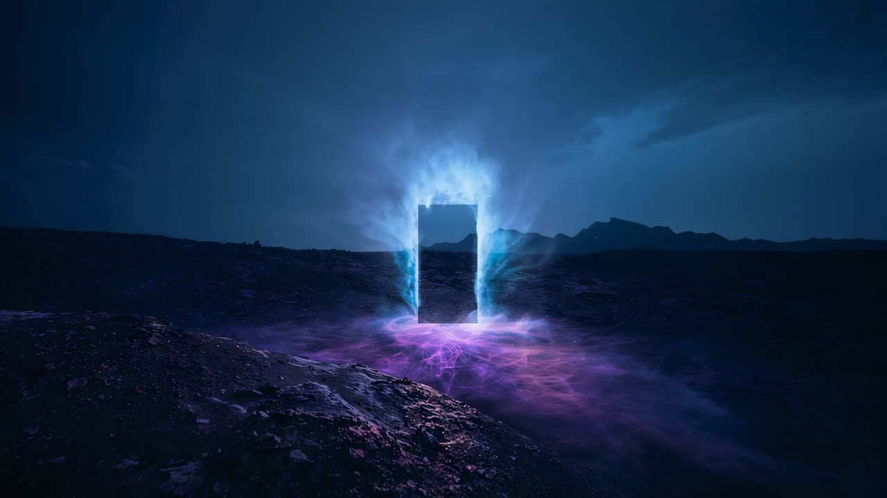 Monolito con alone crescente che emette un'aura blu, attivando una nebbiolina viola che invia filamenti attraverso una pianura rocciosa