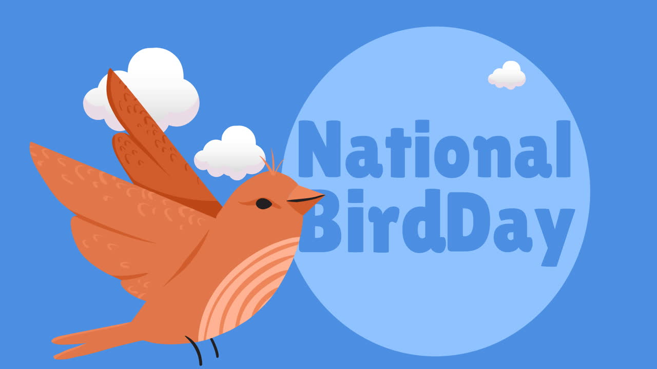 animación del texto del día nacional de las aves en azul, con pájaro marrón y nubes sobre fondo de cielo azul