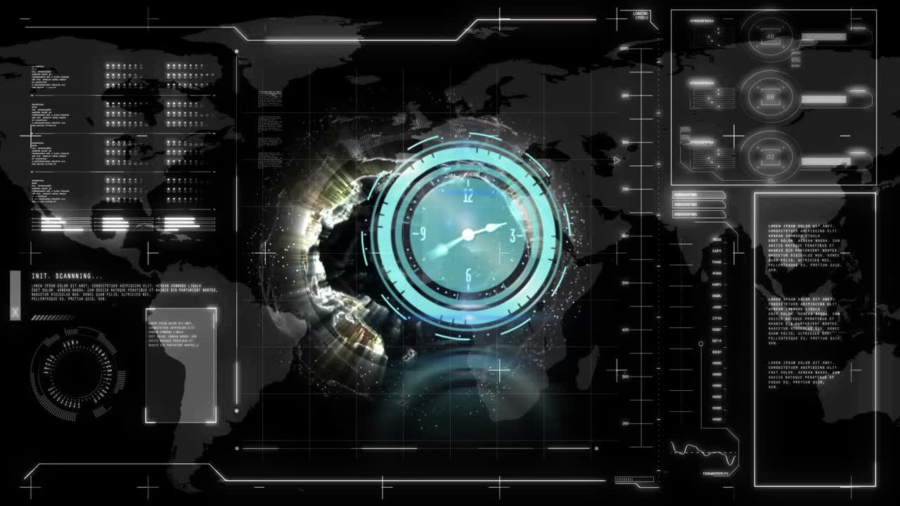 Animation of scope scanning with clock over data processing on black background