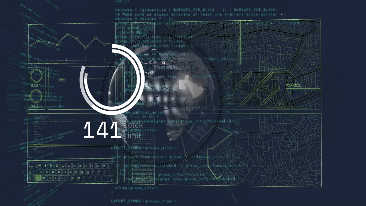 animación del procesamiento de datos y globo sobre fondo negro