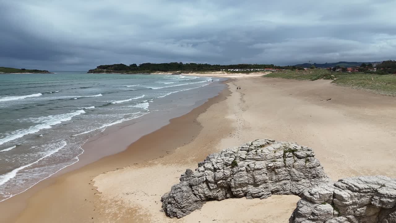 Rocks on beach Playa De Somo Northern Spain drone,aerial