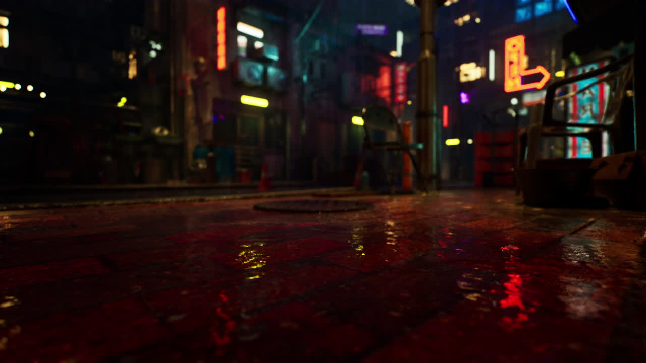 밝은 네온 불빛이 비가 오는 밤에 조용한 아시아 도시 거리를 비추고 있습니다.