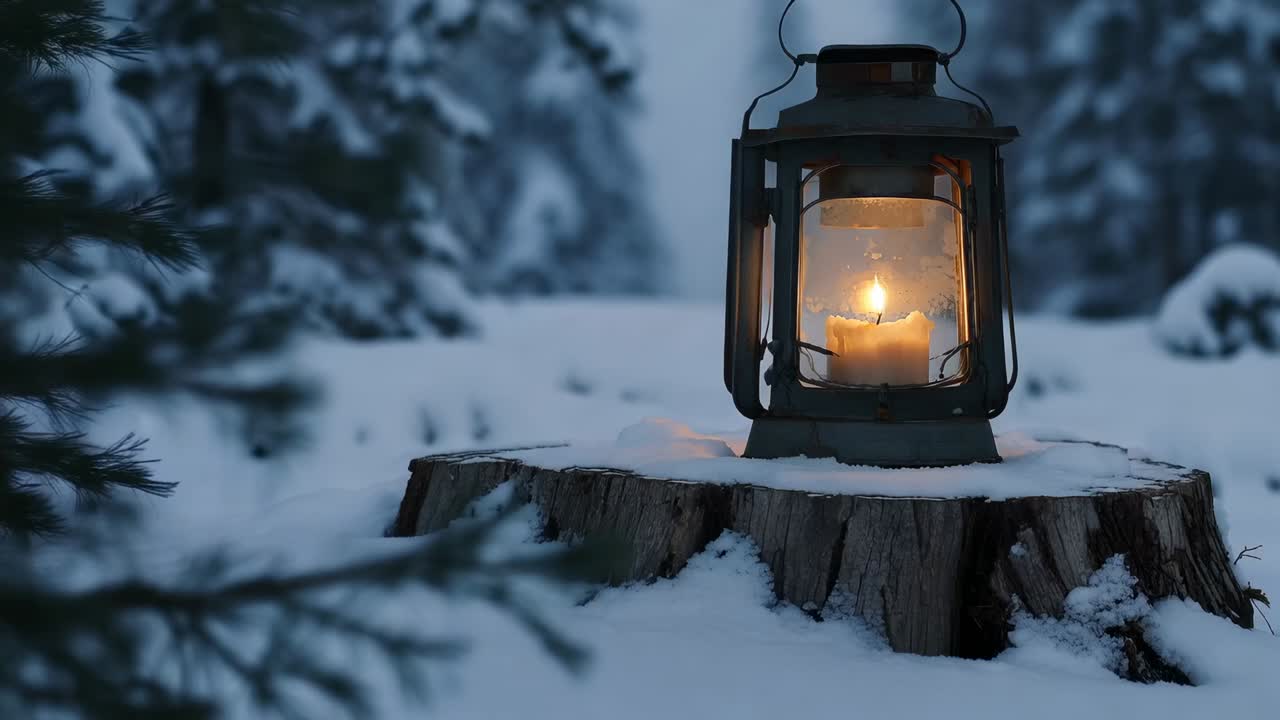 Angolazione della camera che si avvicina mettendo a fuoco una lanterna di metallo su un ceppo innevato nella foresta, rivelando i dettagli della candela
