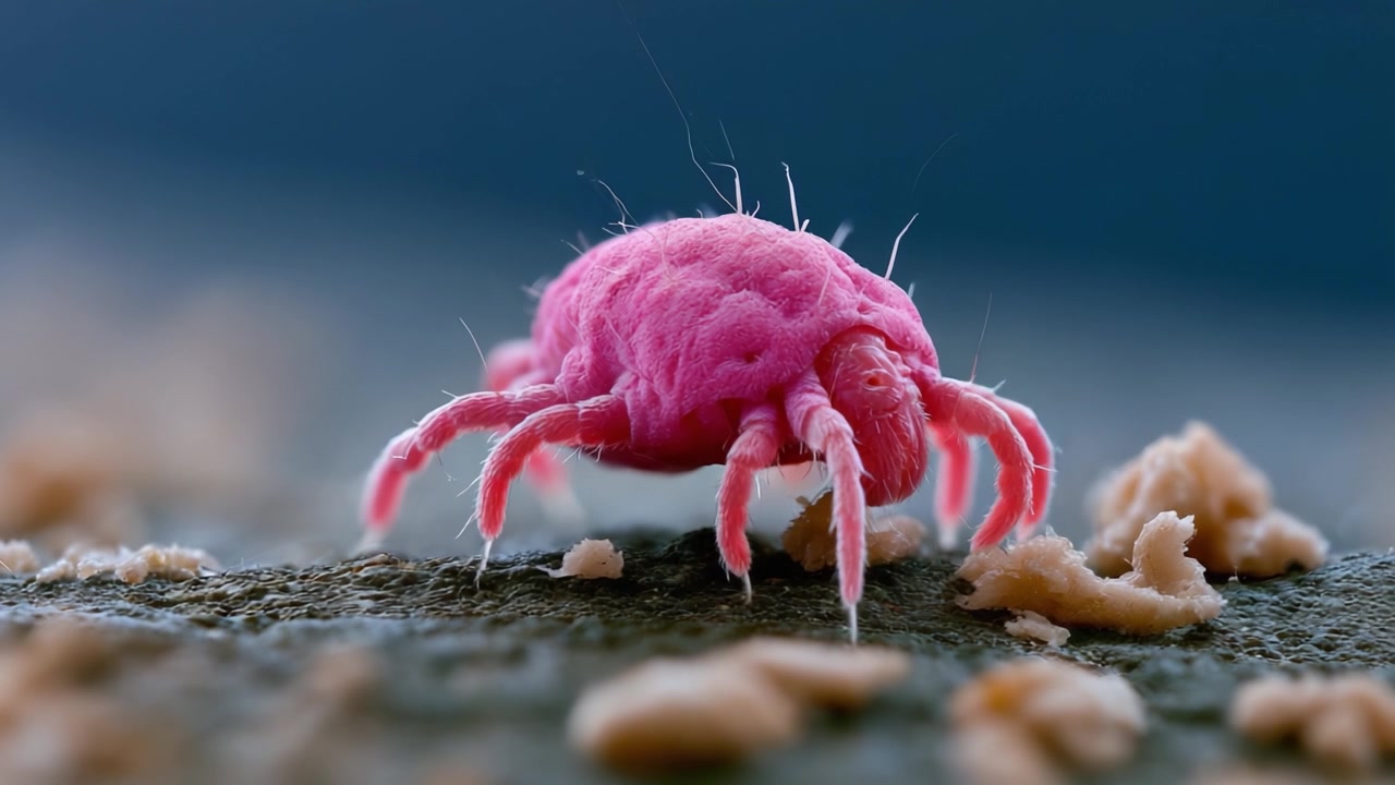 Et betagende nærbillede af en levende farvet pink mide, fanget mod en tekstureret baggrund, der viser dens unikke træk og indviklede detaljer i makrofotografi