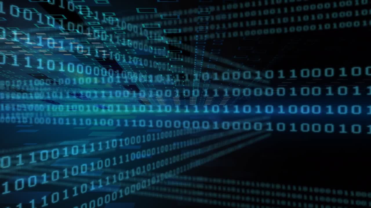 animação de processamento de dados e codificação binária em fundo azul